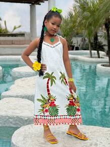 Vestido sin mangas con estampado tropical para niñas preadolescentes, ropa de playa y resort de verano, conjunto a juego de madre e hija (se venden por separado 2 piezas)