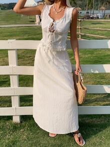 Livesso 2 Stücke Damen Sommer Festival Lässig Urlaub Top mit Vorderbindung ohne Ärmel und Rock Set im Boho-Stil - Weiss - Übersicht 5