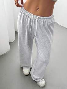 SHEIN PETITE CURVE Women's Summer Simple Front Tie Loose Sweatpants, Casual Daily Wear