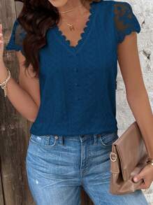 SHEIN Frenchy Áo thun nữ vải họa tiết chắp vá ren tay ngắn mùa hè - Màu xanh ngọc - Xem 4