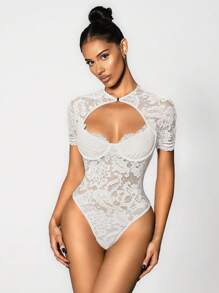 Sirith Hollow Out Lace Bustier Bodysuit,Sexy Elegant Scoop Neck Cut Out Front Sheer White Underwire Bodysuit Bodysuit With Short Sleeves For Women Dating Vacation Concert Cocktail Party Outfit