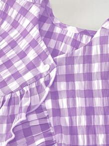 SHEIN LMoss Kids Tween Girls Woven Plaid Cute Ruffled Back Cross Sleeveless Loose Top And Loose Casual Trousers Two Pieces Set, Mint Green, Suitable For Spring Outings, Casual Pastoral Style, Casual Outings,Back To School - Purple - View 9