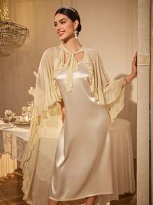 LuxeNights Wedding Season Women Luxury Handcraft Asymmetrical Ruffle Tie Mesh Robe + Charmeuse Slip Dress Set