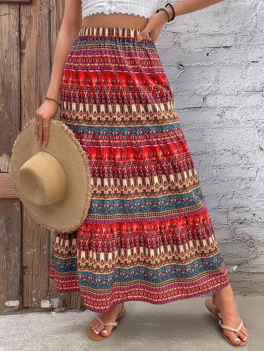 Breezaya Vintage Floral Print High Waist Flared Skirt, Elastic Waist, Versatile & Slimming Style, Spring/Summer - Multicolor - View 1