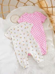 SHEIN 2pcs Newborn Baby Girl Cute Knitted Heart & Ditsy Floral Long Sleeve Jumpsuit Set - Multicolor - View 2