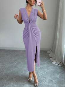 Rafferiza Elegant Sleeveless Blue Deep V-Neck Ruffle Hem Slit Dress For Women, Spring/Summer - Purple - View 4