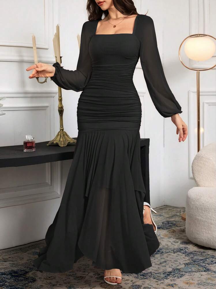 Modelyn فستان أنيق أنثوي بأكمام فوانيس ذو ذيل سمكة بلون سادة - الأسود - مشاهدة 1