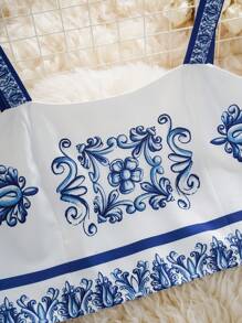 2 件套女士复古印花吊带背心上衣和裙子套装，休闲假日风格 - 藍色 - 查看 6