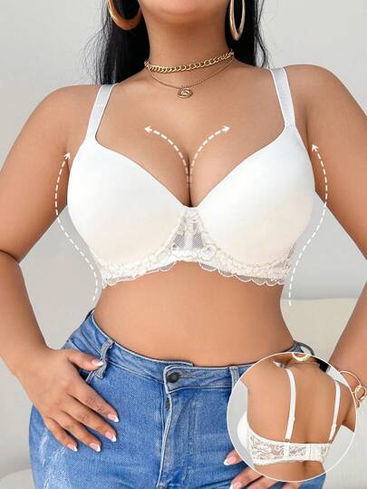 SHEIN 1 件加大码蕾丝无钢圈支撑文胸，可调节松紧，提升