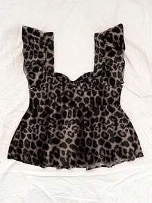 Soleia 女士度假休闲方领盖袖娃娃装无袖上衣，豹纹，复古风格，性感，可爱，Y2K椰子女孩，波西米亚风，音乐节，适合夏季 - 彩色 - 查看 2