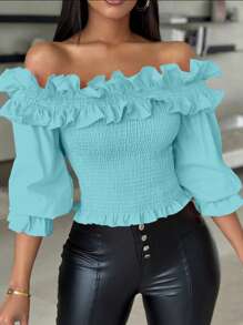 Chiquease Women's Solid Color Ruched Decor Off Shoulder Cropped Top - Teal Blue - View 5