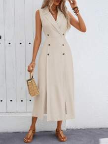 SHEIN Clasi Ladies' Summer Solid Color Lapel Double-Breasted Long Sleeveless Commute Dress Maxi Women Outfit - Apricot - View 3