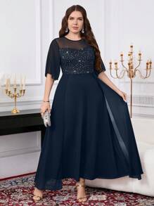 SHEIN Clasi 加大码女式优雅银箔拼布连衣裙，女士正式连衣裙 - 藏蓝色 - 查看 3