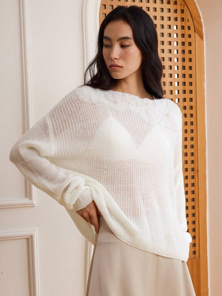 Women's Casual Vacation 3D Floral Decor Hollow-Out Loose Knitted Sweater,Fall Women Clothes
