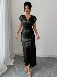 Elenzga Vestido de mujer con textura de lámina de oro, mangas fruncidas y con volantes - Negro - Ver 5
