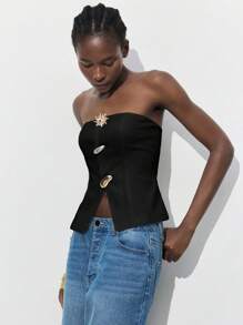 Maija Women's Summer Black Metal Decor Urban Chic Casual Tube Top, Suitable For Outings, Festivals, Dates, Gatherings, Weddings, Music Festivals, Retro Vintage 90s Business Casual Style - Black - View 3