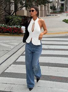 Siren Gaze Women's Tie Neck Slim Fit Hollow Out Halter Tank Top, Open Slit Front Blouse For Outgoing Party Chic White Summer - White - View 9