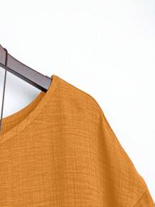 Plus Size Women Solid Color Round Neck Dropped Shoulder Sleeve Loose Casual Versatile Blouse Yellow - Yellow - View 5
