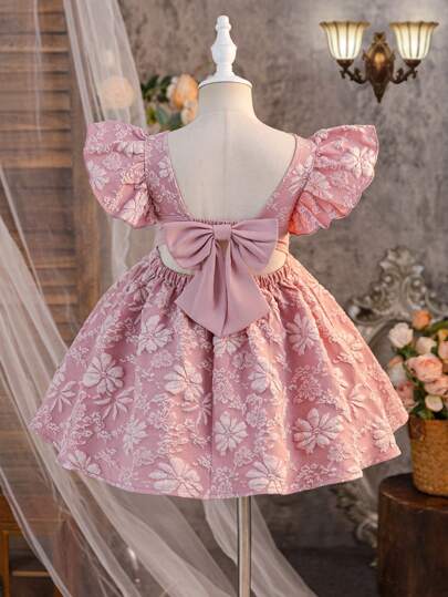 SHEIN Vestido ajustado para niña con estampado jacquard de unicolor, lazo y volante en el bajo