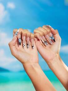 ROMWE Avant 10pcs High Quality Handmade Leopard Pattern Element Fake Nails + 3pcs Double-Sided Adhesive, Detachable Y2K Style Glitter, Rhinestone, Contrast Color DIY Nail Stickers, Suitable For Holidays, Parties, Dancing And Daily Wear - Multicolor - View 2