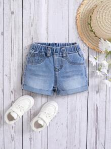 SHEIN Baby Girls' Spring Summer Boho Cute Jeans Shorts, Water Wash Casual Fashionable Comfortable Soft Denim Shorts - Medium Wash - View 1