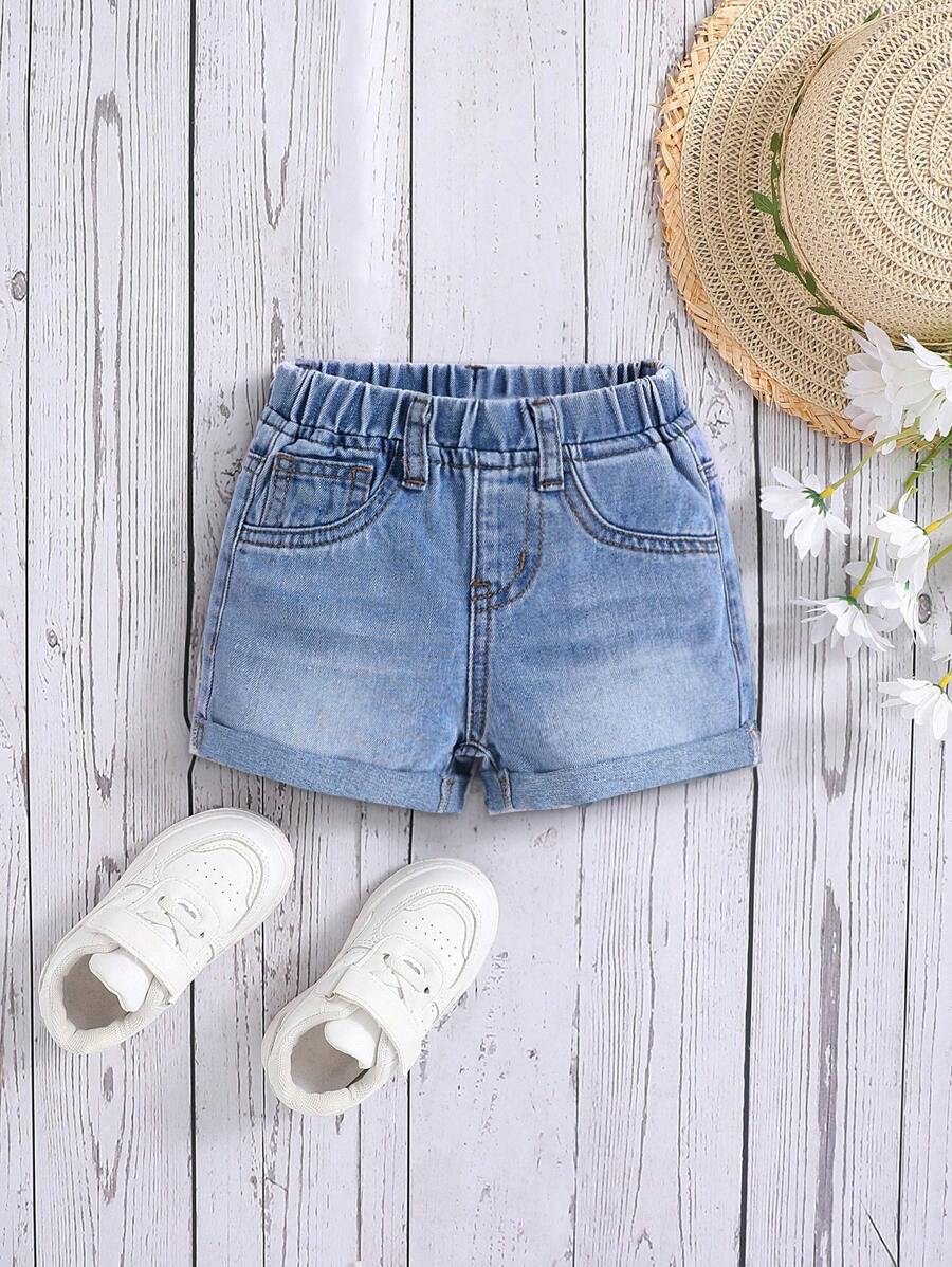 SHEIN Baby Girls' Spring Summer Boho Cute Jeans Shorts, Water Wash Casual Fashionable Comfortable Soft Denim Shorts - Medium Wash - View 1