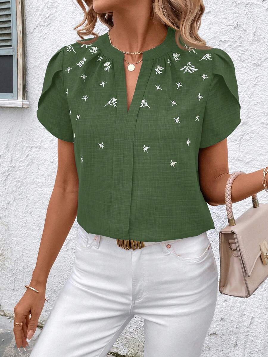 SHEIN Clasi Women's Casual Green Polyester Blouse With Notched Neckline, Short Puff Sleeves, And Delicate Floral Embroidery Detail - Green - View 1