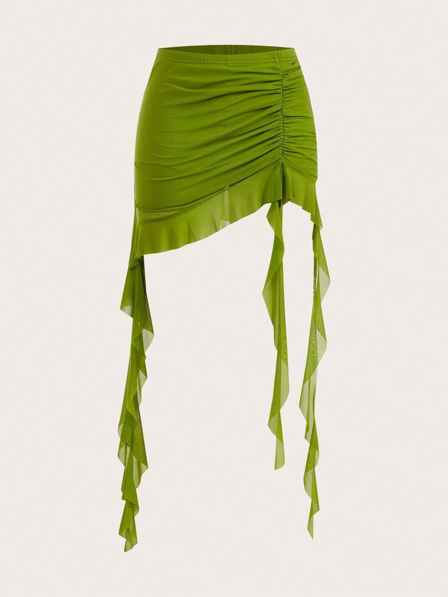 Sweetina Falda negra de malla con volantes, dobladillo con volantes y detalle arrugado de primavera - Verde - Ver 1