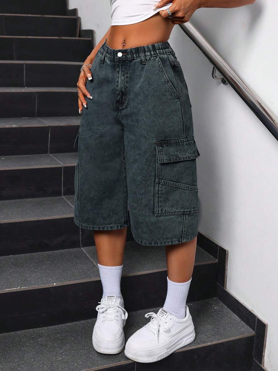 SHEIN ICON Women's Solid Color Denim Shorts, Fashionable For Summer - Medium Wash - View 1