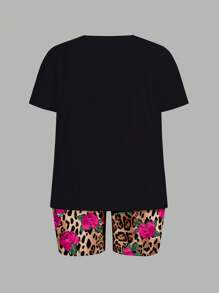Slaydiva 2pcs/Set Plus Size Women Casual Rose & Leopard Cartoon Bear Print Short Sleeve T-Shirt & Shorts, Summer Suitable For Going Out