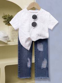 Young Boys "FASHION" Tricou cu mânecă scurtă cu imprimeu cu litere, cu gât rotund, pentru vară - alb - Vizualizare 1