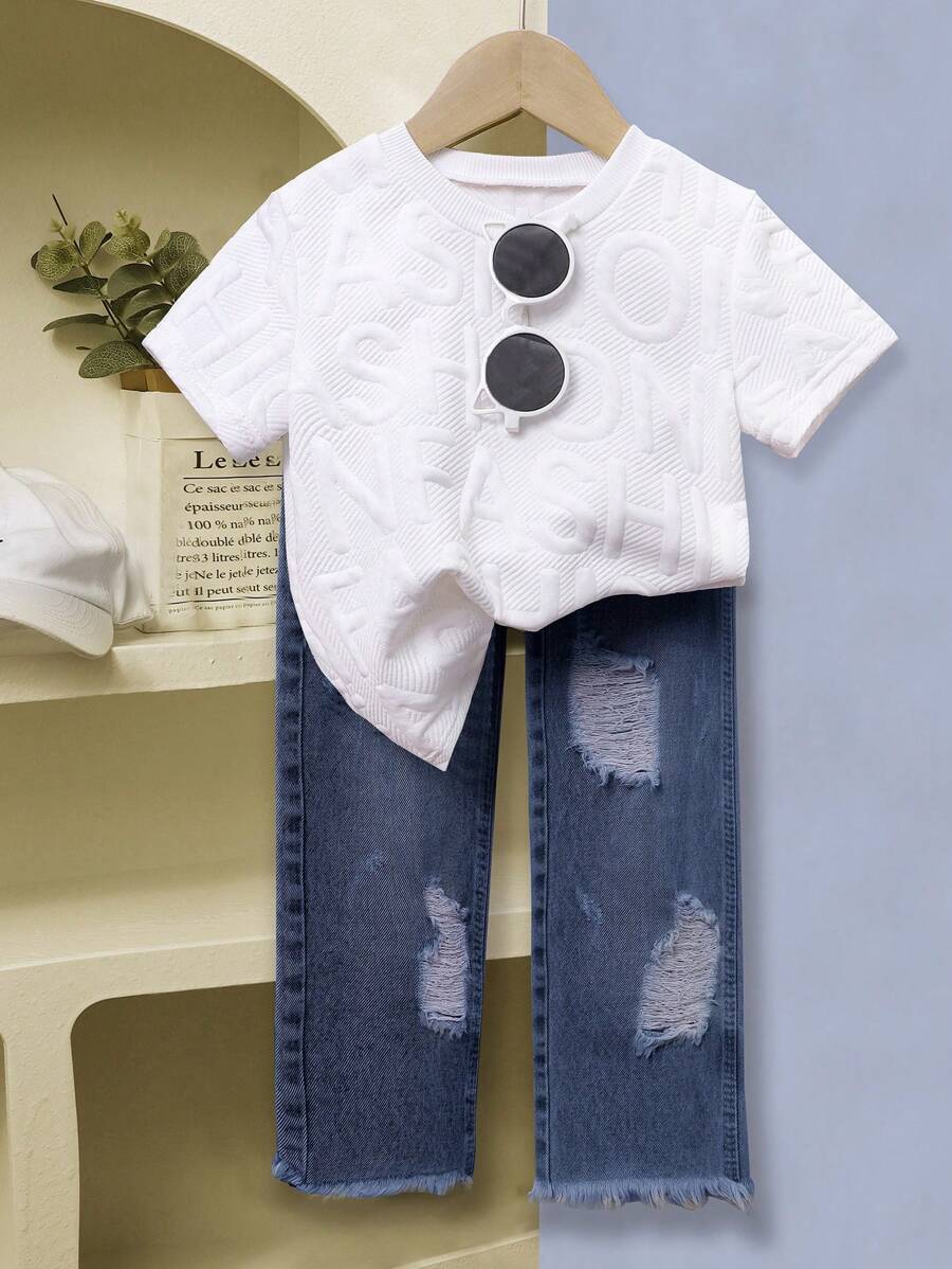 Young Boys "FASHION" Tricou cu mânecă scurtă cu imprimeu cu litere, cu gât rotund, pentru vară - alb - Vizualizare 1