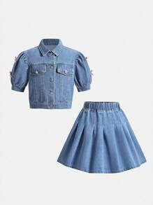 SHEIN Tween Girls Denim Two Pieces Outfits - Light Wash - View 3