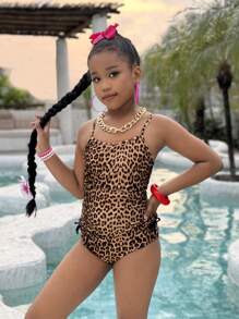 Tween Girl Casual Everyday Vacation Versatile Knitted Monokini Swimsuit, Suitable For Beach, Pool, Mommy And Me Matching Outfits (2 Pieces Sold Separately)