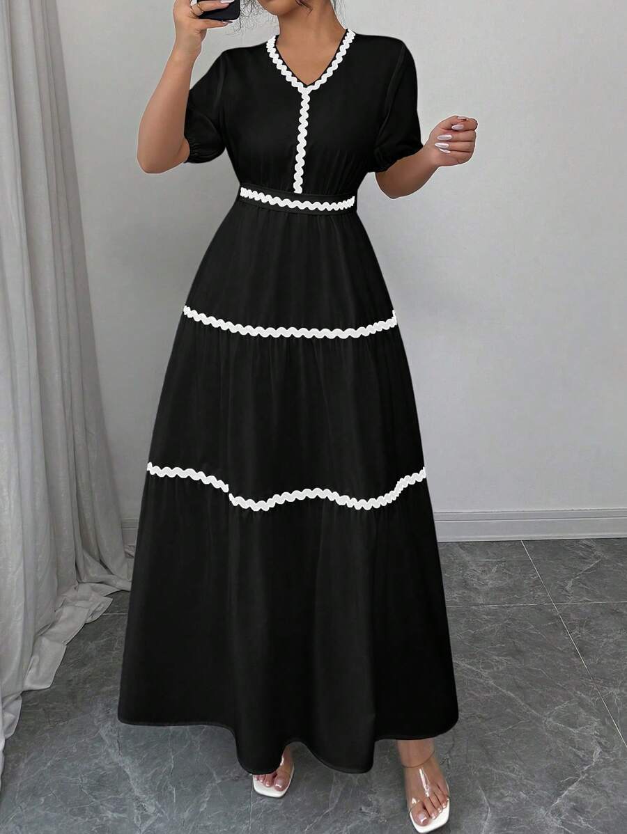 Elenzga Vestido estilo línea A con parches de cinta elegante para el verano - Negro - Ver 1