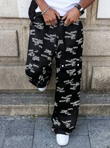 Manfinity EMRG Men's Black And White Printed Woven Fabric Long Pants With Zipper And Cargo Pockets - Black and White - View 1