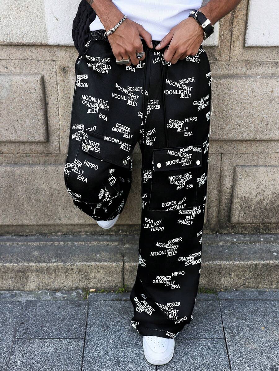 Manfinity EMRG Men's Black And White Printed Woven Fabric Long Pants With Zipper And Cargo Pockets - Black and White - View 1