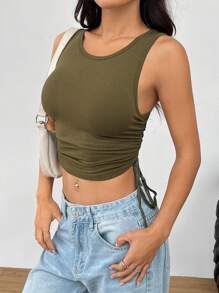 SHEIN EZwear Summer Rave Women's Mesh Print Drawstring Sheer Tank Top - Army Green - View 2