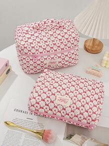 Heart & Bow Print Portable Cosmetic Bag - Pink - View 4