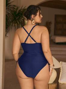 Swim Chiccia Plus Size One-Piece Swimsuit With Elegant Solid Color Metal Pendant Decor And Adjustable Strap, Suitable For Summer Beach - Navy Blue - View 2