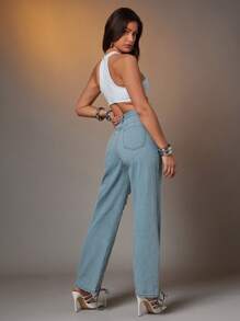 Denimoi Open Front Laced Up Straight Leg Denim Jeans Summer Style Denim On Denim Everyday Wear Streetstyle - Blue - View 3