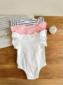 SHEIN LMoss Kids LMoss 3pcs Newborn Baby Girl Cute Summer Knitted Striped Ruffle Bodysuit Set - Multicolor - View 2