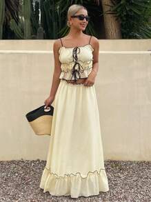 Livesso 2件套女士海滩度假风格印花套装，荷叶边