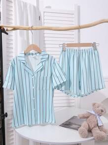 2pcs/Set Casual Striped Blue Tween Boys Open Collar Short Sleeve Top And Shorts Set, Comfortable Loose Fit Loungewear - Blue - View 7