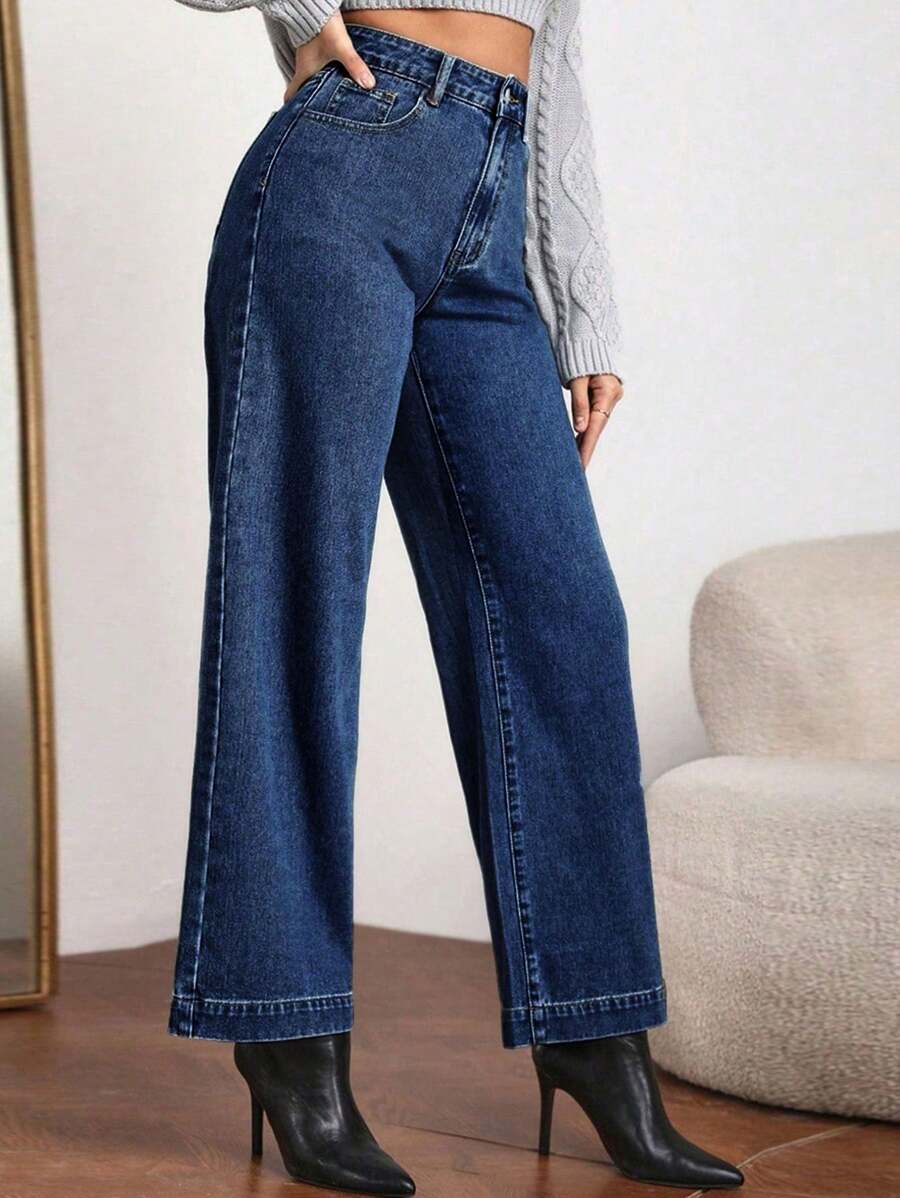 SHEIN Essnce 女士休闲日常斜口袋洗水牛仔裤 - 深色水洗藍 - 查看 1