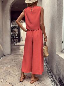 EMERY ROSE Women's Solid Color Round Neck Sleeveless Shirt And Wide-Leg Pants 2 Pieces Casual Suit - Red - View 2