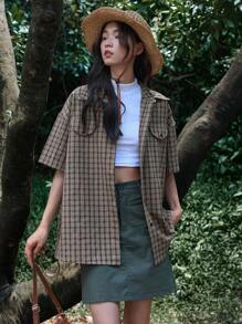 DAZY Plaid Print Drop Shoulder Shirt,Flannels Women - Brown - View 6