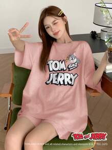 TOM AND JERRY X DAZY 休闲宽松超大印花短袖上衣和短裤两件套睡衣套装