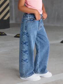 Girls' Comfortable Versatile Washed Butterfly Embroidered Side Seam Jeans, Casual Street-Style - Medium Wash - View 1