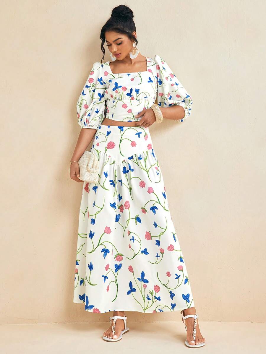 EBIB 夏季花卉印花A字长裙度假裙